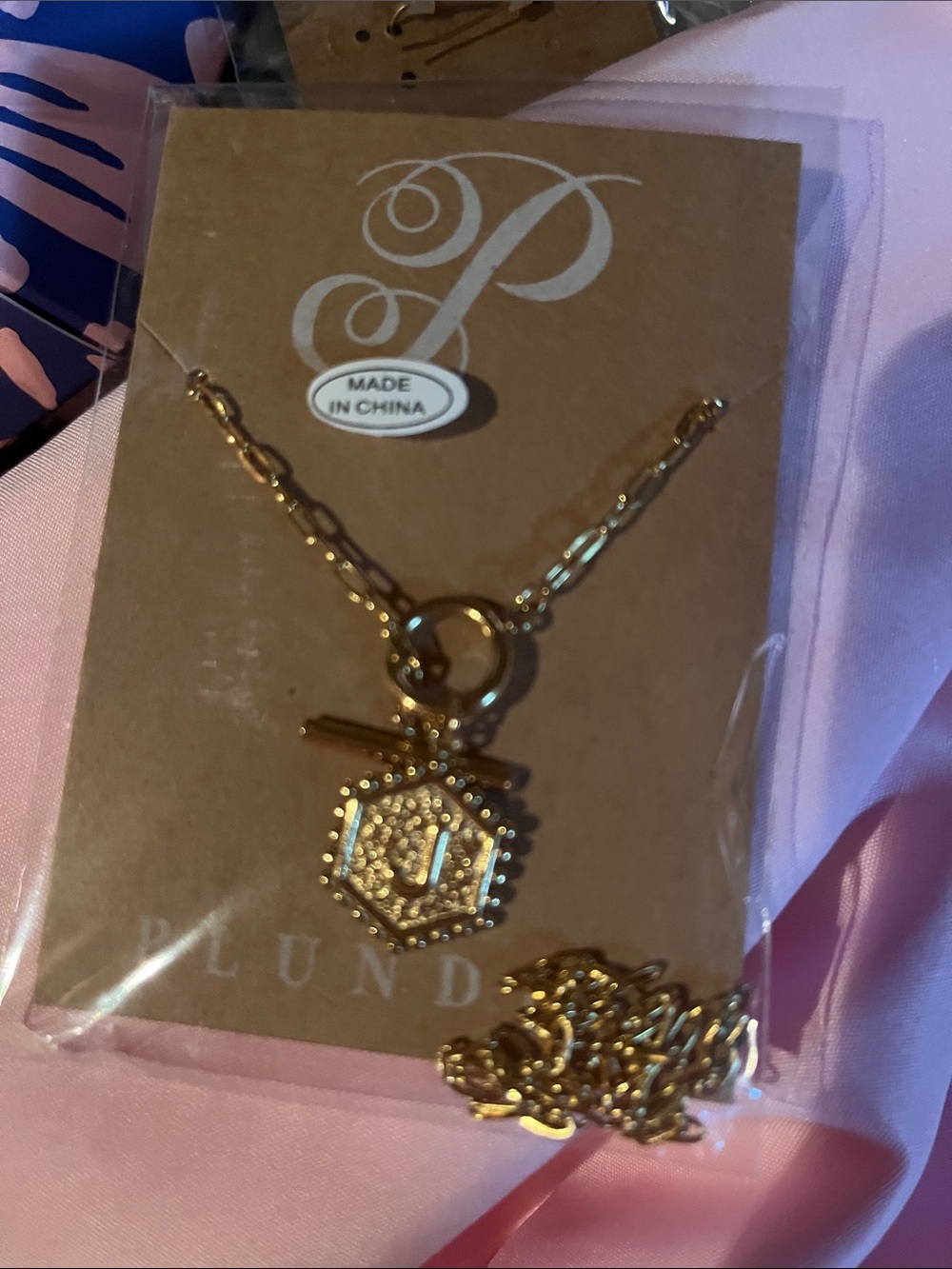 Gold-Tone Hexagon Initial Pendant Necklace - J